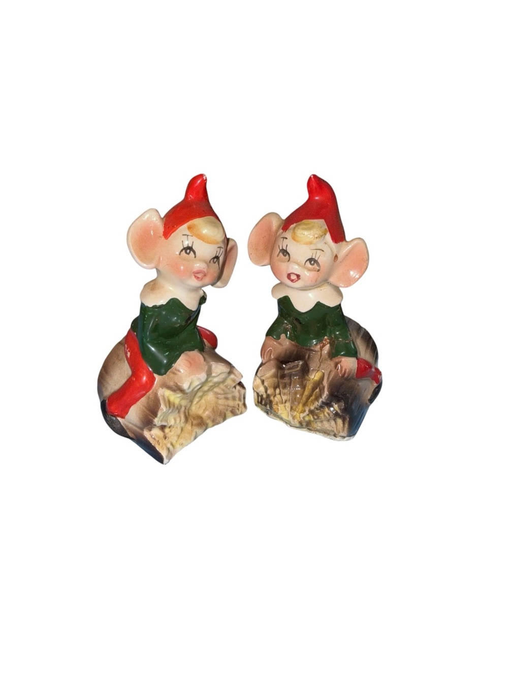 Vintage pixie elves on logs salt and pepper set